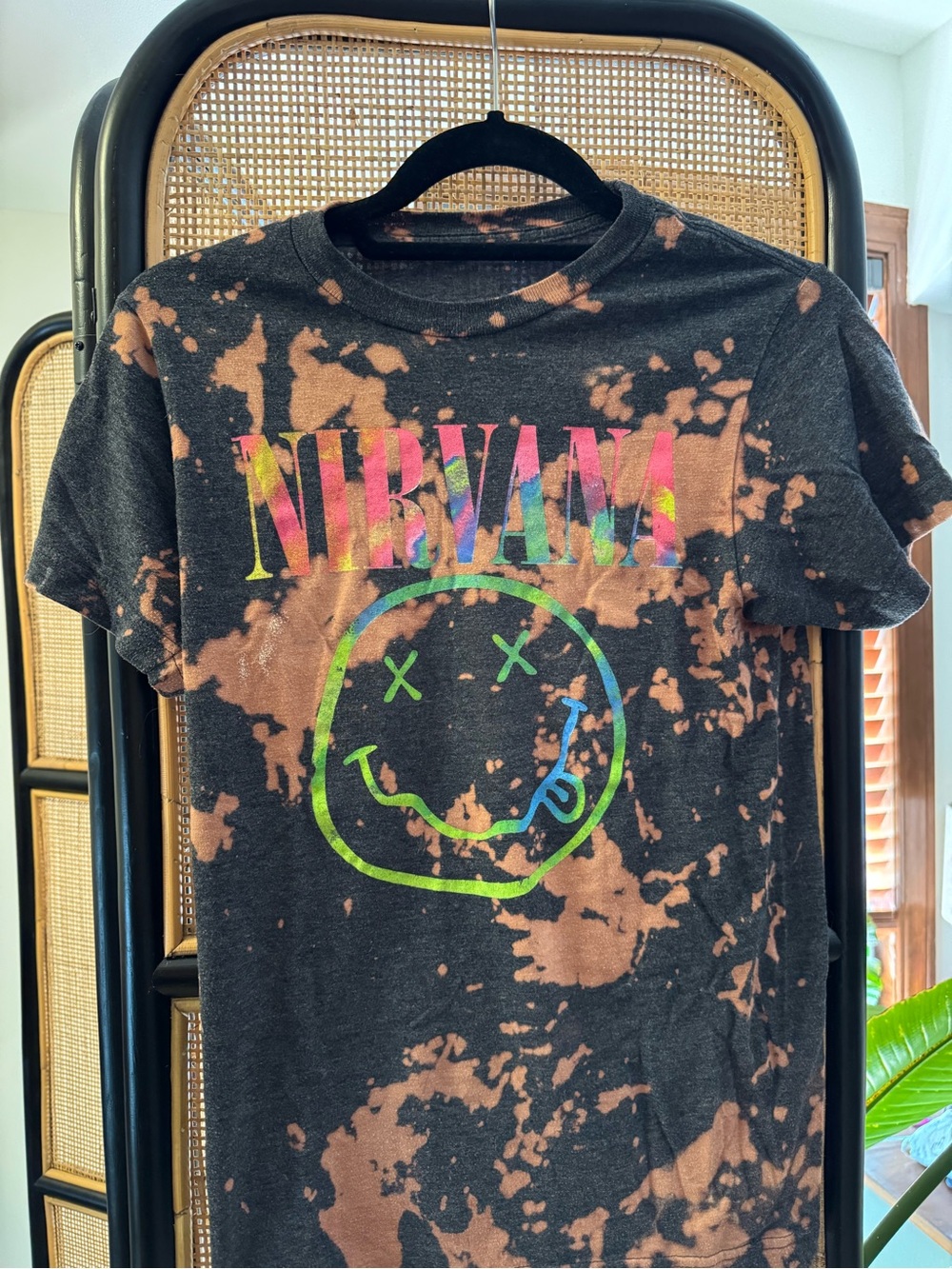 NIRVANA Black Bleach Splatter Rainbow Logo Tee